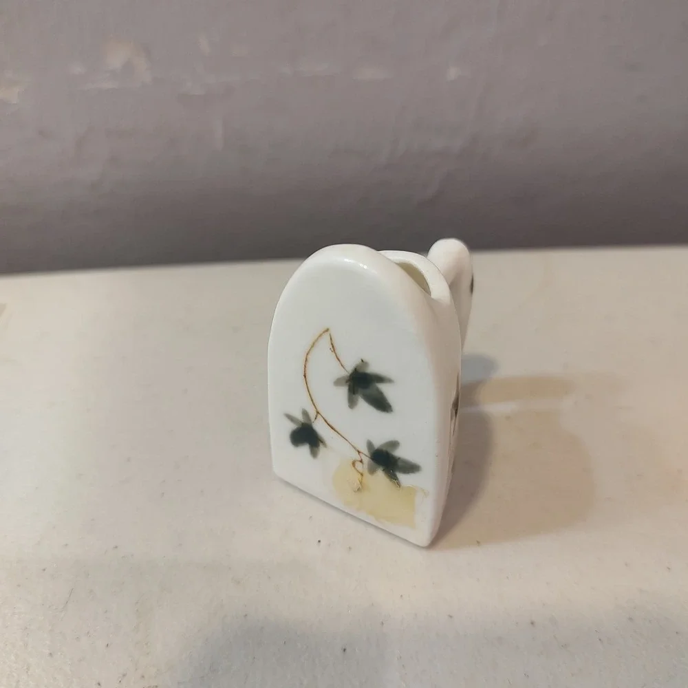 Vtg Miniature Iron Bone China Toothpick  Holder‎ Green Floral  2
